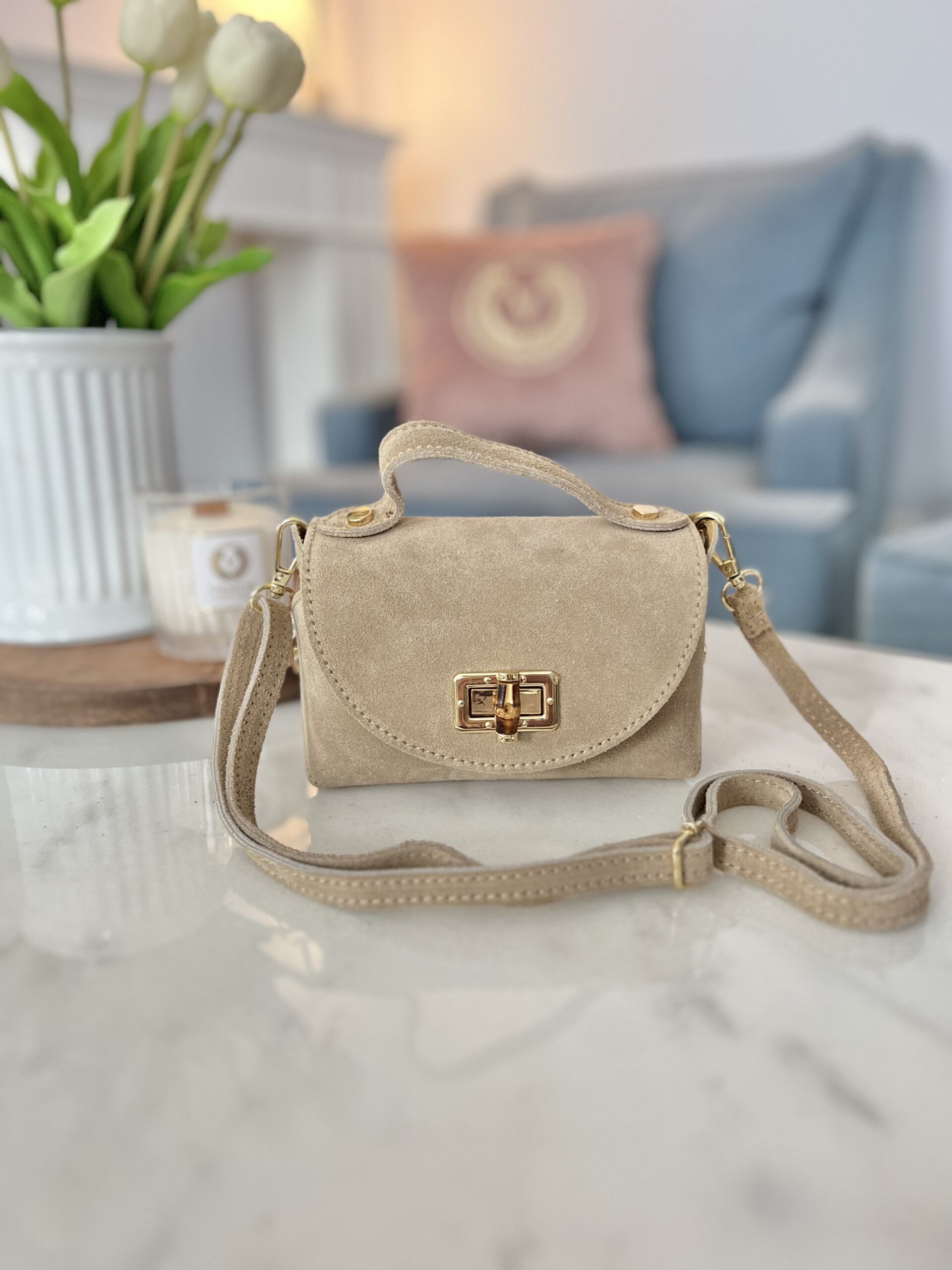 Zamszowa torebka MIU/ szlachetny beż